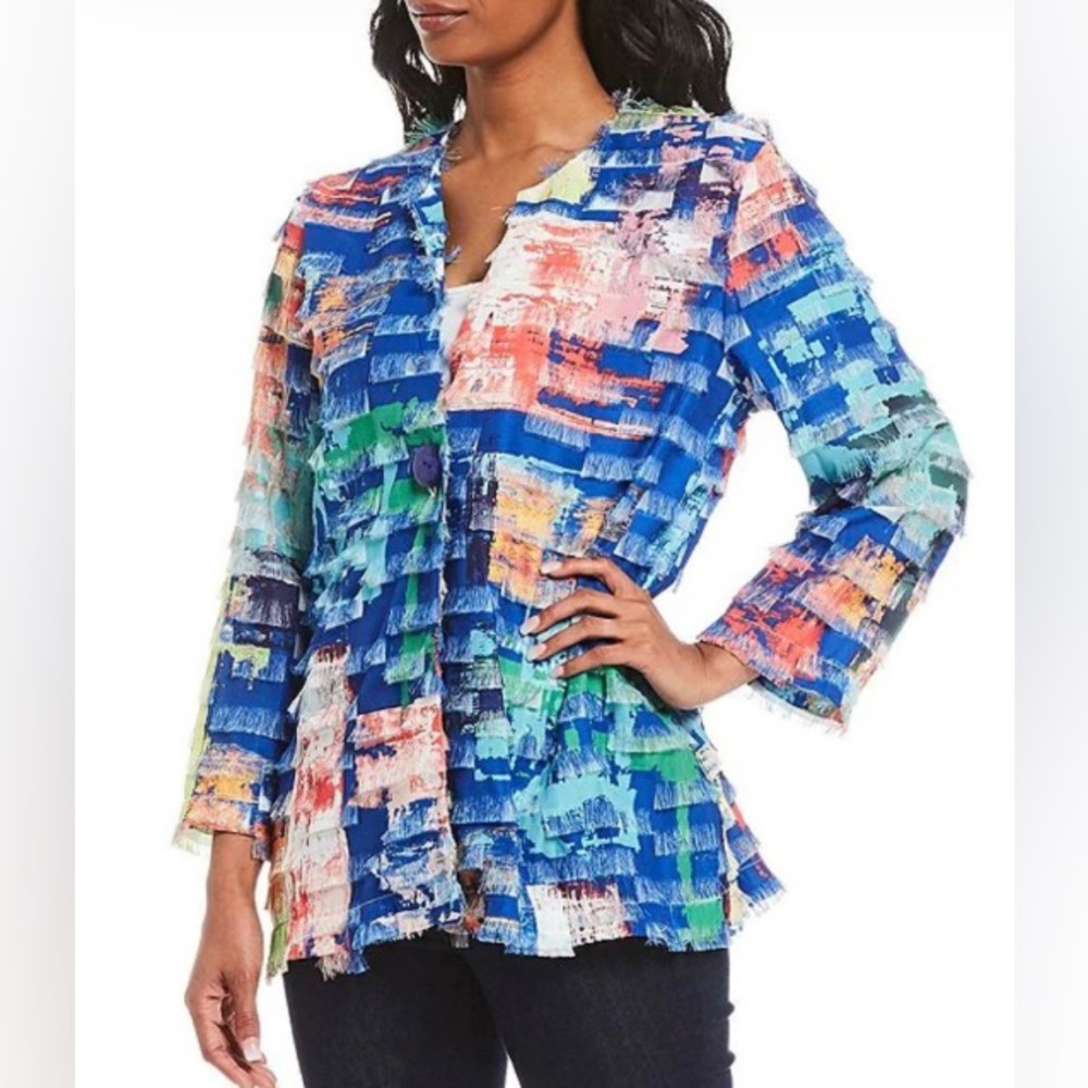 Ali Miles Vibrant Eyelash Fringe Sleeve One Button Blazer